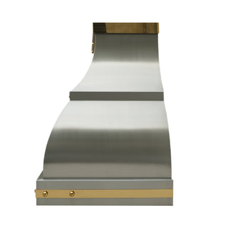 SINDA custom bell shaped stainless steel range hood with polished brass straps & rivets